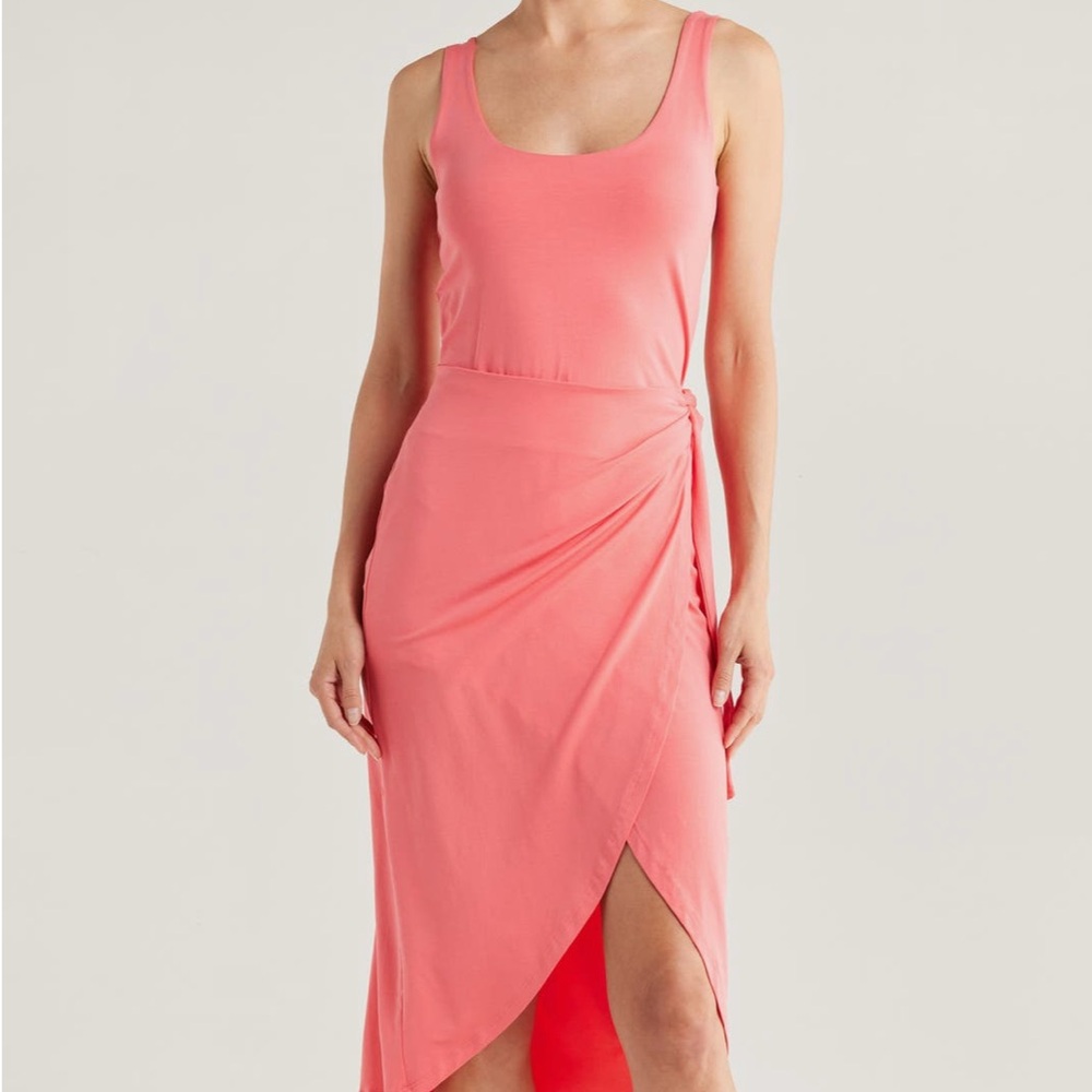 Women’s Coral Wrap Midi Dress - Sleeveless Scoop Neck